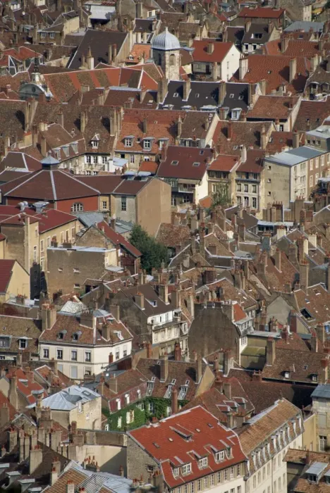 Framed Print : Aerial view taken from the Fort de Chaudanne, of houses in the city of Besancon Framed Print : Aerial view taken from the Fort de Chaudanne, of houses in the city of Besancon