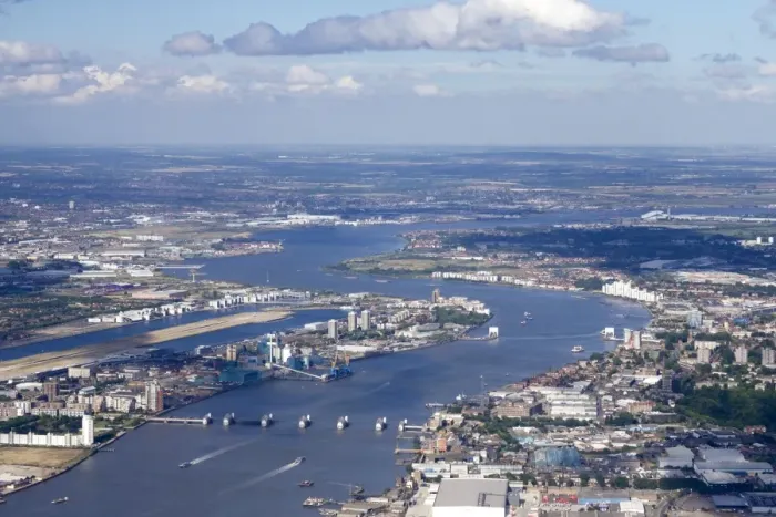 Framed Print : Aerial view of Thames Barrier, River Thames, London, England, United Kingdom, Europe Framed Print : Aerial view of Thames Barrier, River Thames, London, England, United Kingdom, Europe