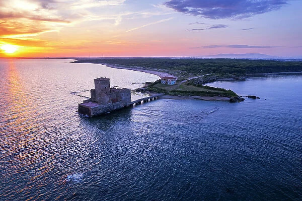 Aerial view of the Torre Astura castle among the water of Tyrrhenian sea at sunset, Rome province, Latium region (Lazio), Italy, Europe