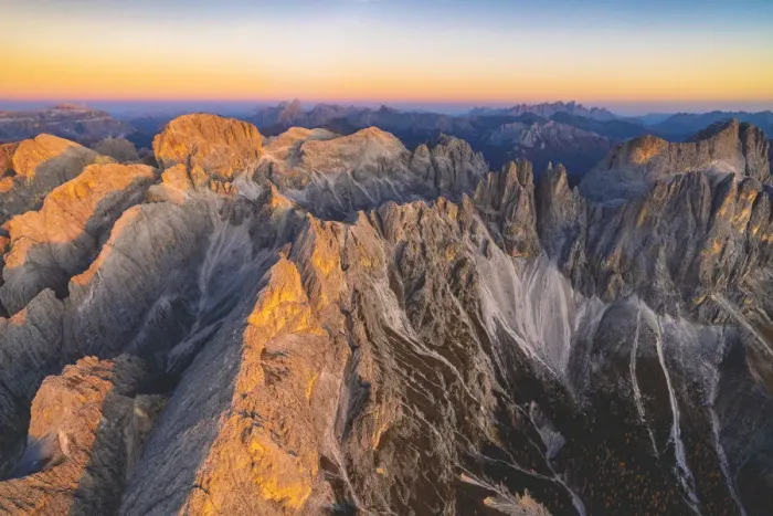 Framed Print : Aerial view of Torri Del Vajolet and Catinaccio Group lit by the autumn sunset, Dolomites Framed Print : Aerial view of Torri Del Vajolet and Catinaccio Group lit by the autumn sunset, Dolomites