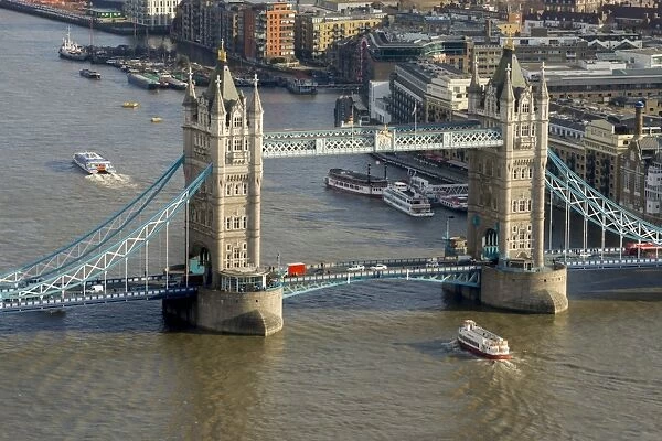Aerial view of Tower Bridge and River Thames, London, England, United Kingdom, Europe