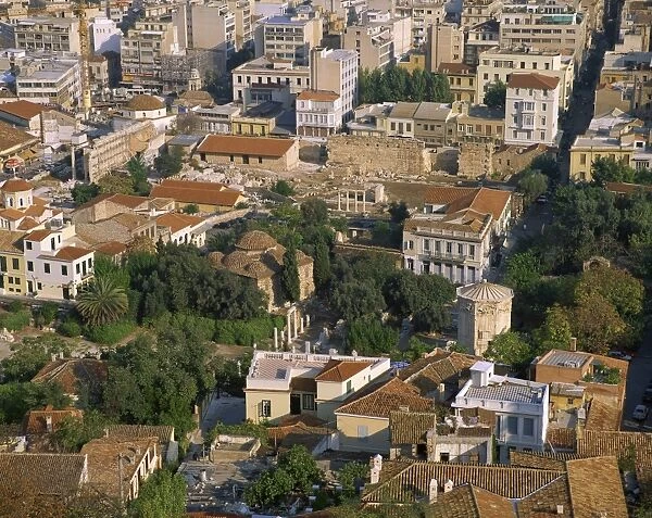 Aerial view of the Tower of Winds and Roman Forum Ruins, taken from the Acropolis
