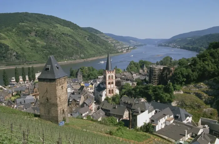 Framed Print : Aerial view over the town of Bacharach and the Rhine River Framed Print : Aerial view over the town of Bacharach and the Rhine River
