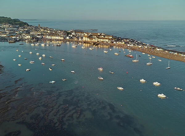 An aerial view of the town and harbour of Teignmouth, sitting in the mouth of the River Teign, south coast of Devon, England, United Kingdom, Europe