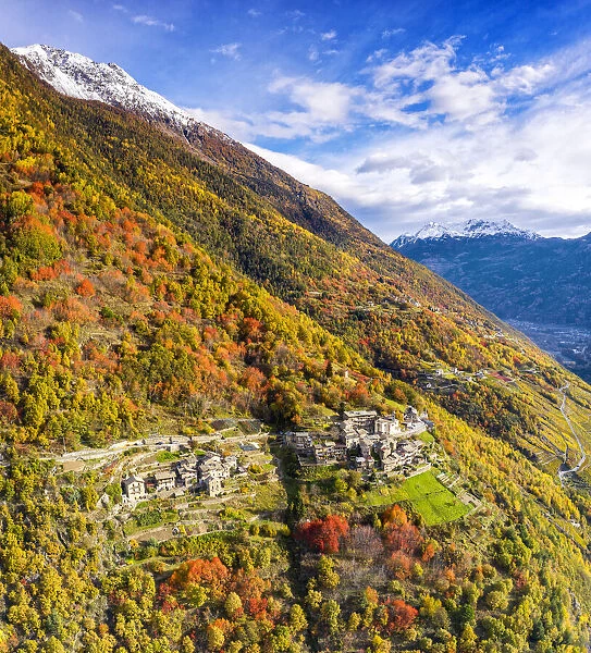 Aerial view of traditional village, Valtellina, Lombardy, Italy, Europe