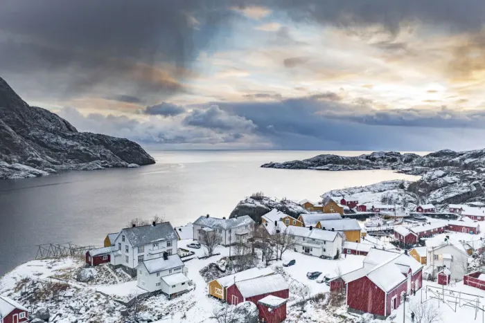 Framed Print : Aerial view of traditional wood houses covered with snow in winter, Nusfjord, Nordland county, Lofoten Islands, Norway, Scandinavia, Europe Framed Print : Aerial view of traditional wood houses covered with snow in winter, Nusfjord, Nordland county, Lofoten Islands, Norway, Scandinavia, Europe