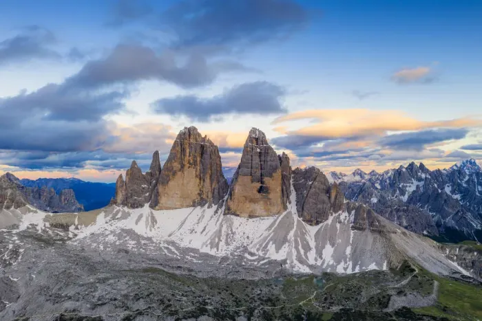 Framed Print : Aerial view of Tre Cime di Lavaredo and Grava Longa lakes at sunset Framed Print : Aerial view of Tre Cime di Lavaredo and Grava Longa lakes at sunset
