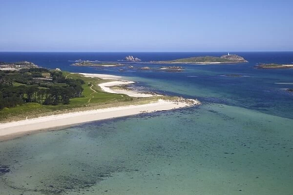 Aerial view of Tresco, Isles of Scilly, England, United Kingdom, Europe
