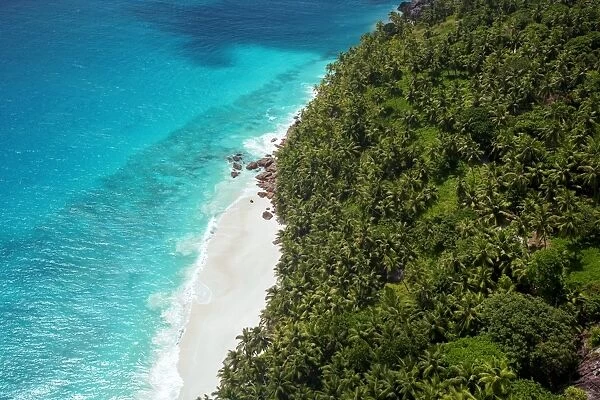 Aerial view of tropical beach and lagoon, Seychelles, Indian Ocean, Africa