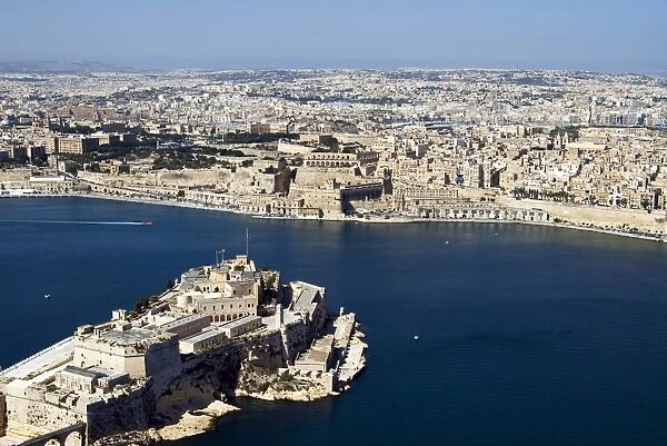 Aerial view of Valletta, Grand Harbour and St. Angel Fort in Vittoriosa or Birgu