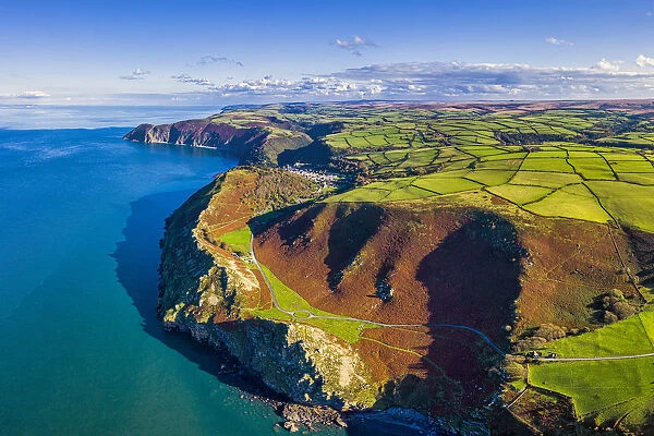 Aerial view over the Valley of the Rocks and Lynton, Exmoor National Park, North Devon