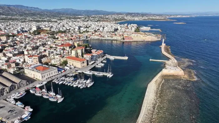 Framed Print : Aerial view of the Venetian port of Chania, Crete, Greek Islands, Greece, Europe Framed Print : Aerial view of the Venetian port of Chania, Crete, Greek Islands, Greece, Europe