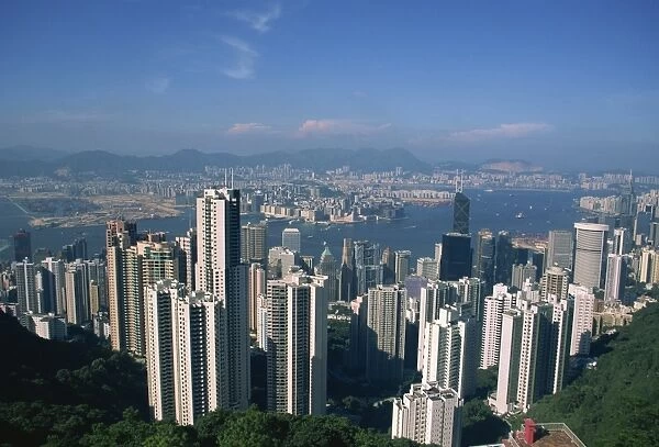 Aerial view from Victoria Peak over Hong Kong Harbour, China, Asia