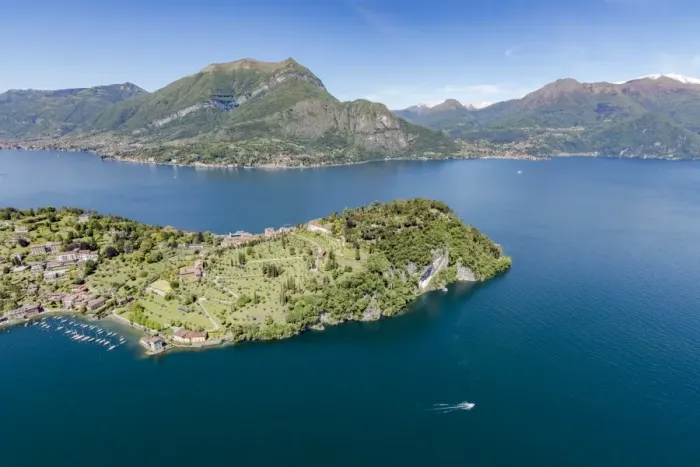 Framed Print : Aerial view of the village of Bellagio framed by clear waters of Lake Como with sailboats Framed Print : Aerial view of the village of Bellagio framed by clear waters of Lake Como with sailboats