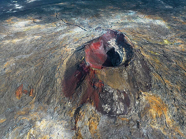 Aerial view of volcanic cone in the eruption area near to Reykjavik, Icelandic southern coast, Iceland, Polar Regions