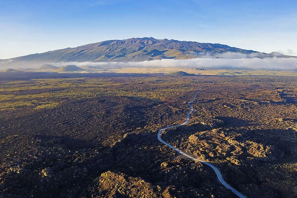 Aerial view of volcanic landscape and Mauna Kea, 4207m, Big Island, Hawaii