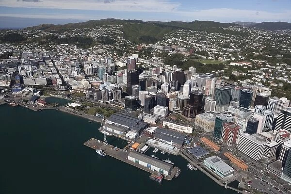 Aerial view of Wellington city centre and Queens Wharf, Wellington, North Island, New Zealand, Pacific