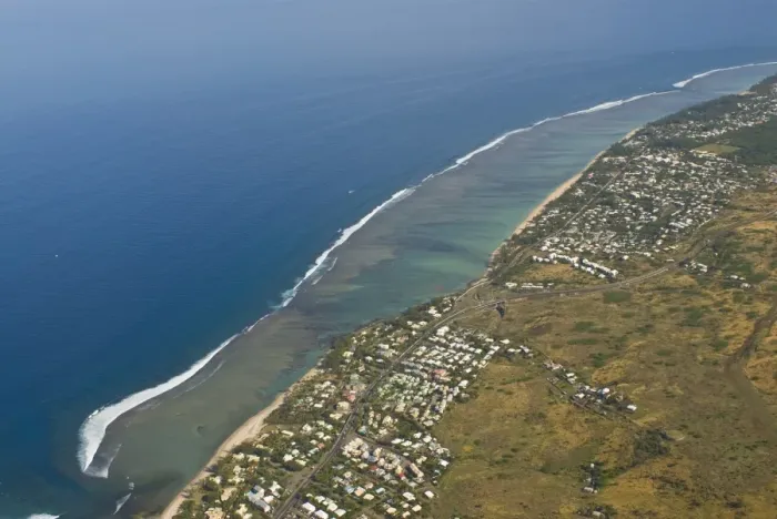 Framed Print : Aerial view of the west coastline of La Reunion, Indian Ocean, Africa Framed Print : Aerial view of the west coastline of La Reunion, Indian Ocean, Africa
