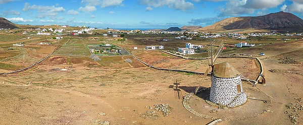 Aerial view of windmill and surrounding landscape, Fuerteventura, Canary Islands, Spain, Atlantic, Europe