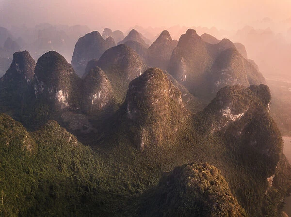 Aerial view of the Yangshuo mountains in the Li River area, Guangxi, China, Asia