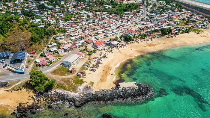 Framed Print : Aerial of the village of San Antonio de Pale and Palmar beach, island of Annobon, Equatorial Guinea, Africa Framed Print : Aerial of the village of San Antonio de Pale and Palmar beach, island of Annobon, Equatorial Guinea, Africa