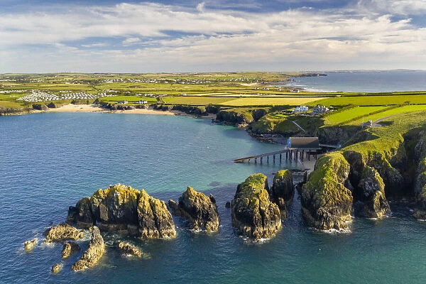Aerial vista of Merope Rocks, Padstow Lifeboat Station and Mother Iveys Bay