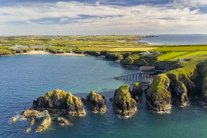 Framed Print : Aerial vista of Merope Rocks, Padstow Lifeboat Station and Mother Iveys Bay Framed Print : Aerial vista of Merope Rocks, Padstow Lifeboat Station and Mother Iveys Bay