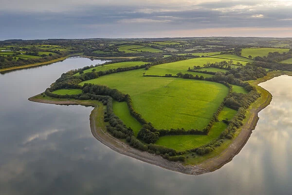 Aerial vista over Roadford Lake, Devon, England, United Kingdom, Europe