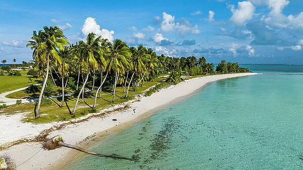 Aerial of white sand beach on Home Island, Cocos (Keeling) Islands, Australian Indian Ocean Territory, Australia, Indian Ocean
