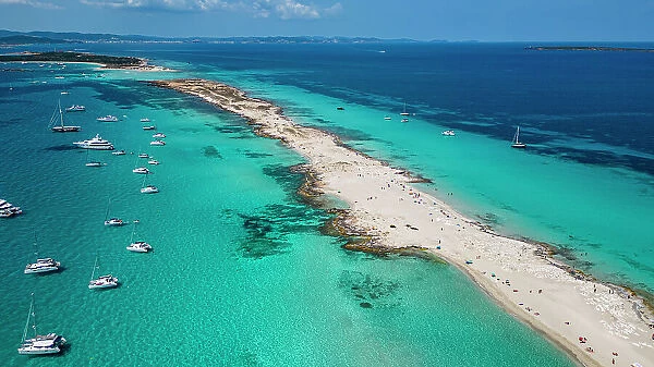 Aerial of the white sand beach of Platja de Ses Illetes, Formentera, Balearic Islands, Spain, Mediterranean, Europe
