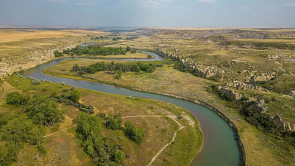 Aerials of Hoodoos along the Milk River, Writing-on-Stone Provincial Park, UNESCO World Heritage Site, Alberta, Canada, North America