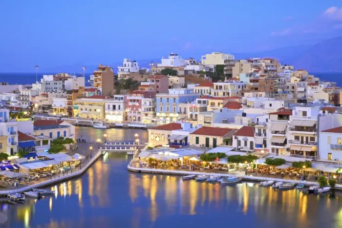 Framed Print : Agios Nikolaos Harbour from an elevated angle at dusk, Agios Nikolaos, Crete, Greek Islands Framed Print : Agios Nikolaos Harbour from an elevated angle at dusk, Agios Nikolaos, Crete, Greek Islands