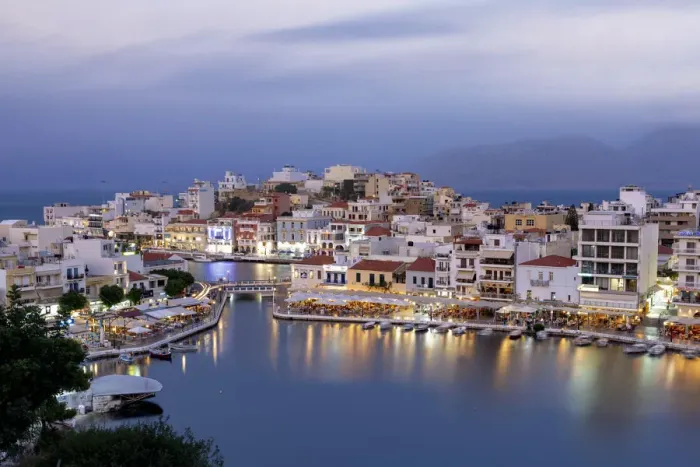 Framed Print : Agios Nikolaos old town with lake in its centre at dusk, Lasithi prefecture, Crete Framed Print : Agios Nikolaos old town with lake in its centre at dusk, Lasithi prefecture, Crete