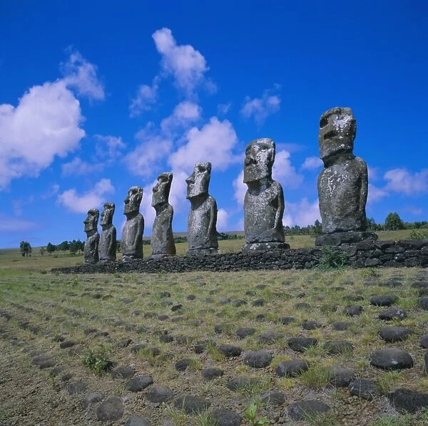 Ahu Akivi, unlike most statues these are inland and face the sea, Easter Island