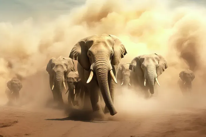 Framed Print : AI Generated image of African elephants (Loxodonta africana) running in front of a desert sandstorm, Africa Framed Print : AI Generated image of African elephants (Loxodonta africana) running in front of a desert sandstorm, Africa