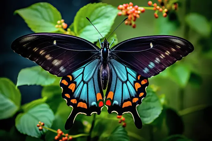 Framed Print : AI generated image of a beautiful stylized blue pipevine swallowtail butterfly in natural leafy environment, Ecuador Framed Print : AI generated image of a beautiful stylized blue pipevine swallowtail butterfly in natural leafy environment, Ecuador