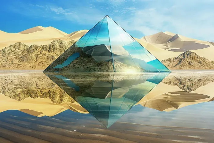 Framed Print : AI generated image of a Cristal pyramid reflecting in water in the desert Framed Print : AI generated image of a Cristal pyramid reflecting in water in the desert