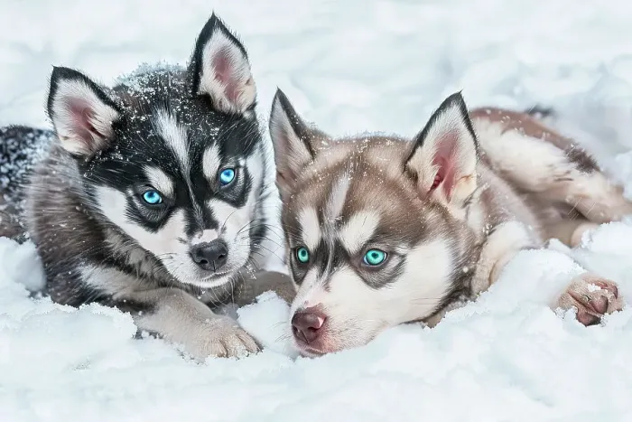 Framed Print : AI generated image of Two cute Alaskan Husky pups playing in snow Framed Print : AI generated image of Two cute Alaskan Husky pups playing in snow