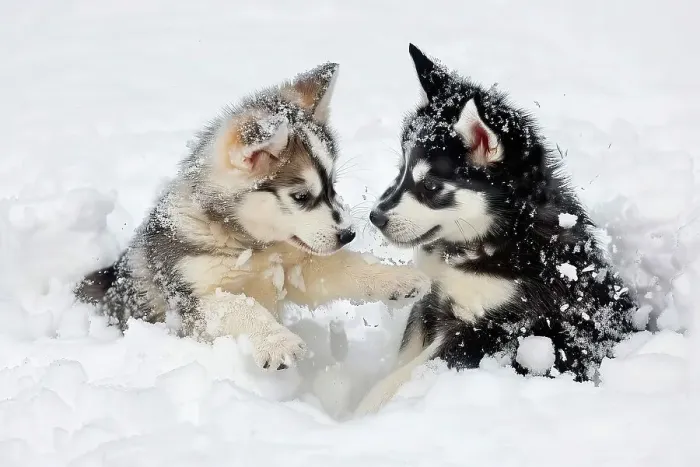 Framed Print : AI generated image of Two cute Alaskan Husky pups playing in snow Framed Print : AI generated image of Two cute Alaskan Husky pups playing in snow