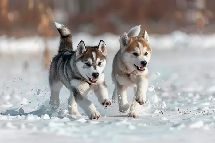 Framed Print : AI generated image of Two cute Alaskan Husky pups running in snow Framed Print : AI generated image of Two cute Alaskan Husky pups running in snow