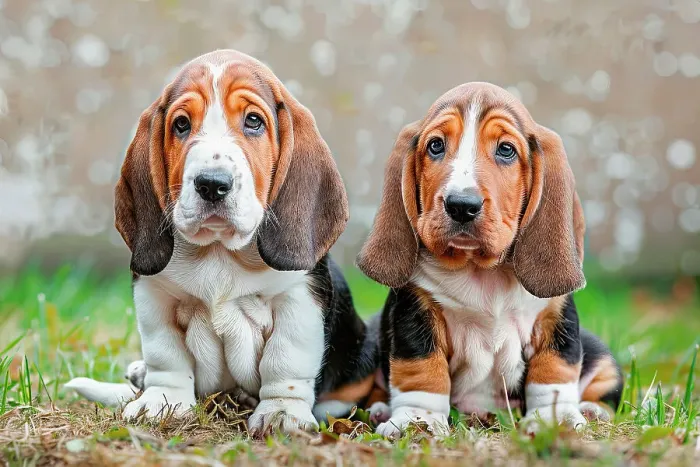Framed Print : AI generated image of Two cute Basset hound pups sitting in the grass Framed Print : AI generated image of Two cute Basset hound pups sitting in the grass