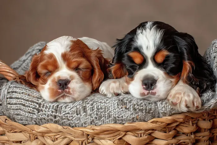 Framed Print : AI generated image of Two cute Cavalier King Charles Spaniel pups sleeping in a wicker basket Framed Print : AI generated image of Two cute Cavalier King Charles Spaniel pups sleeping in a wicker basket