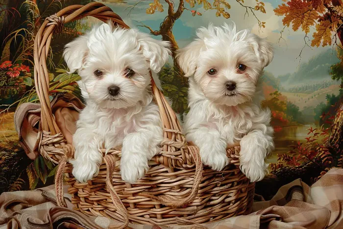 Framed Print : AI generated image of Two cute Maltese pups sitting in a wicker basket Framed Print : AI generated image of Two cute Maltese pups sitting in a wicker basket