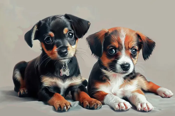 Framed Print : AI generated image of Two cute pocket Dog pups seated on ground Framed Print : AI generated image of Two cute pocket Dog pups seated on ground