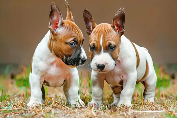 Framed Print : AI generated image of Two cute young bull terriers looking at each other