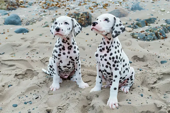 Framed Print : AI generated image of Two cute young dalmatian dogs seated on sand Framed Print : AI generated image of Two cute young dalmatian dogs seated on sand