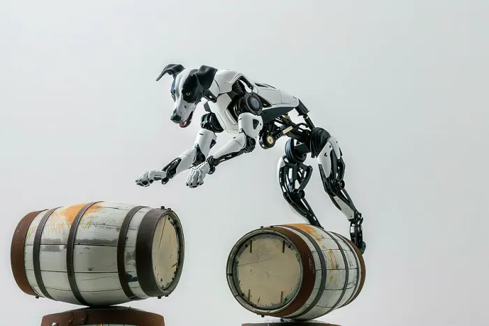 Framed Print : AI generated image of a Dog robot jumping over barrels in front of a white background