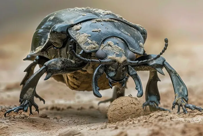 Framed Print : AI generated image of a Dung (scarab) beetle pushing a round ball of faeces