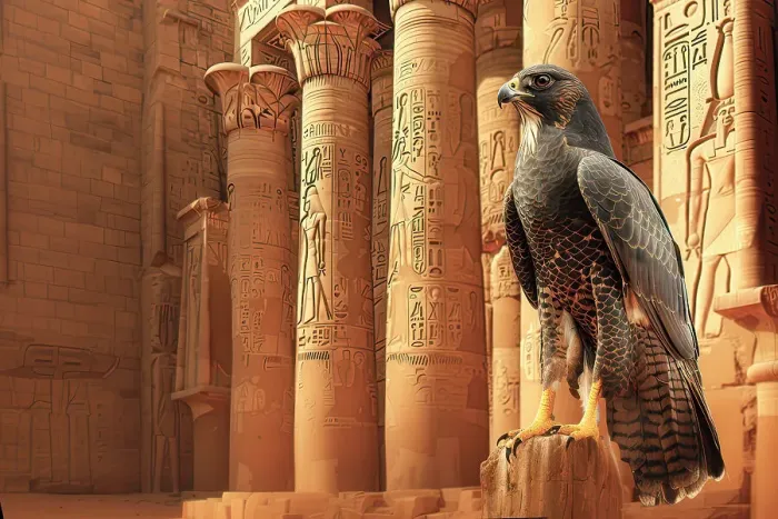 Framed Print : AI generated image of a Falcon head God Horus in front of temple columns Framed Print : AI generated image of a Falcon head God Horus in front of temple columns