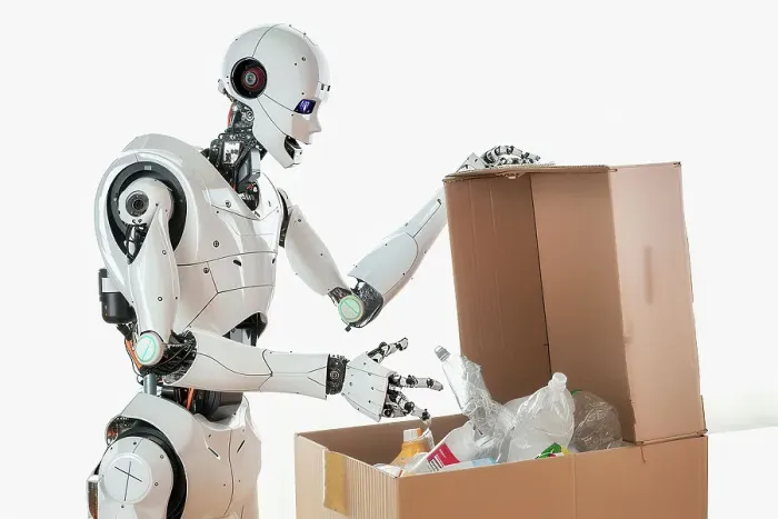 Framed Print : AI generated image of a Futuristic humanoid robot disposing of plastic bottles in a cardboard box in the idea of recycling Framed Print : AI generated image of a Futuristic humanoid robot disposing of plastic bottles in a cardboard box in the idea of recycling